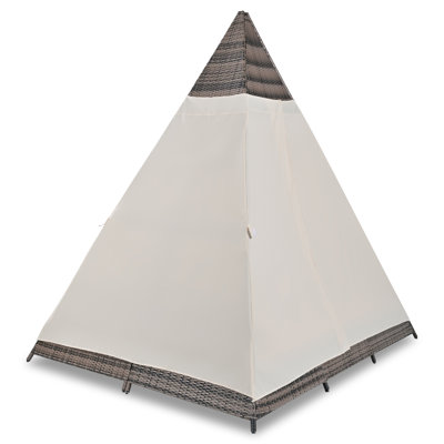 Lit de jardin d'extérieur de 90,5 po de longueur avec coussins colorés, lit de jour de patio en osier avec coussins, forme de tente, brun et beige