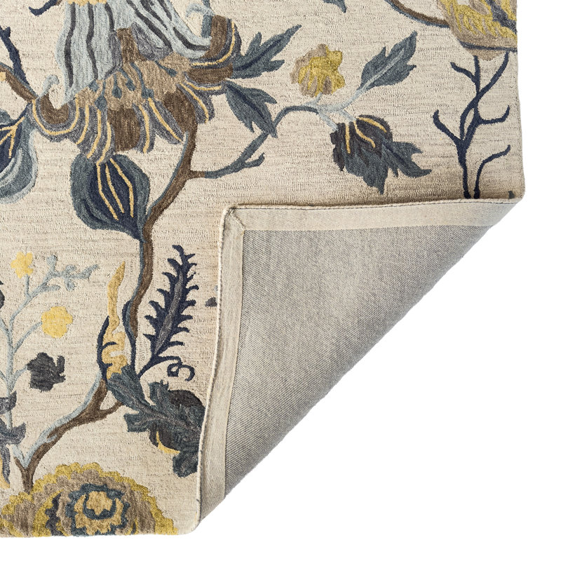 Handmade Light Blue and Yellow Wool Floral Rectangular Rug