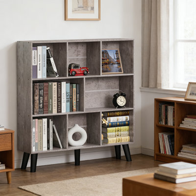 Bibliothèque moderne à 3 niveaux avec pieds, tablette de présentation autoportante en bois, bibliothèque à 8 cubes