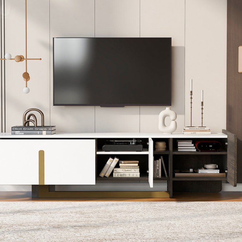 Meuble télé léger avec pieds en métal, 1 tiroir, 2 armoires et tablettes réglables, Blanc