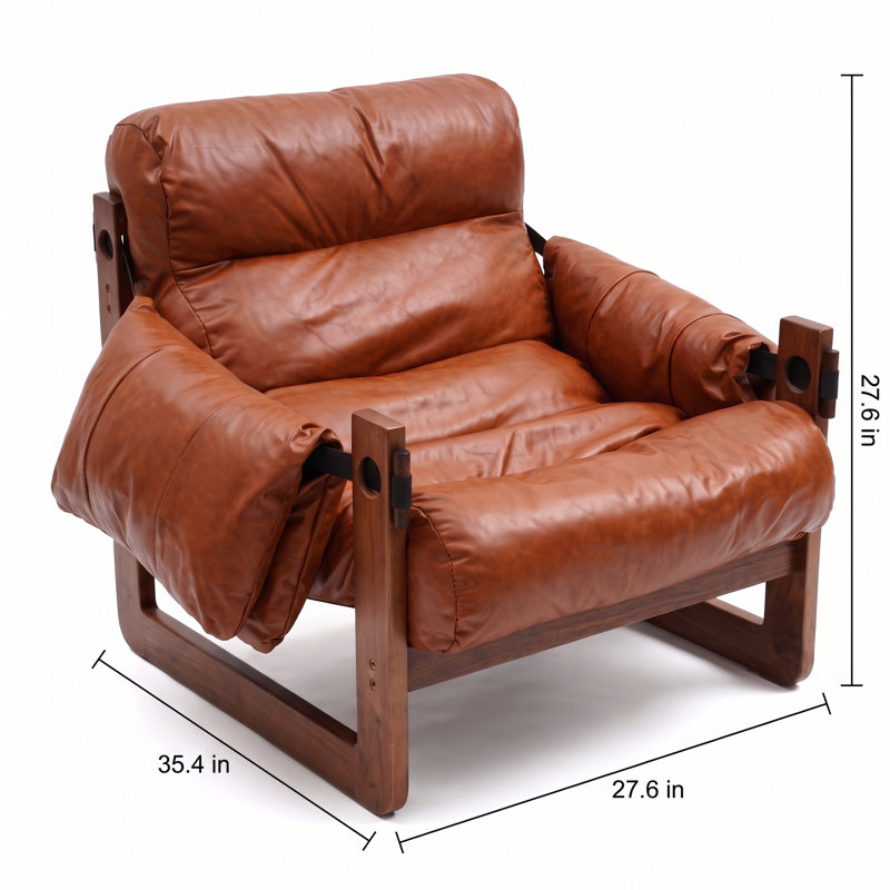 Fauteuil lounge en cuir de style milieu du siècle avec coussin amovible, idéal pour le salon, la chambre ou la salle de lecture.