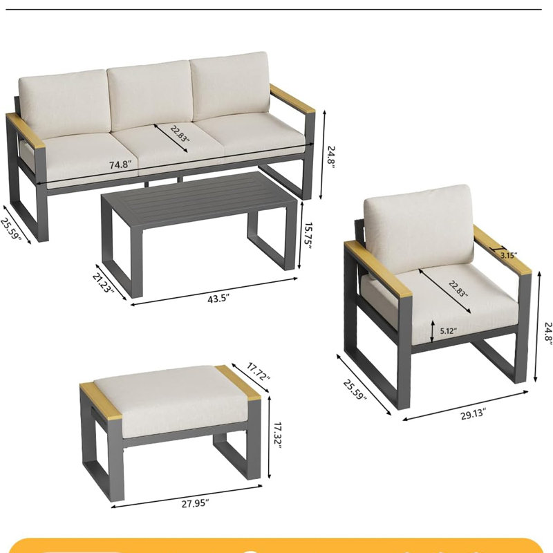Ensemble de conversation de patio en aluminium 6 pièces avec table basse, ensemble de canapé modulaire d'extérieur 7 places pour balcon, jardin, terrasse, cour