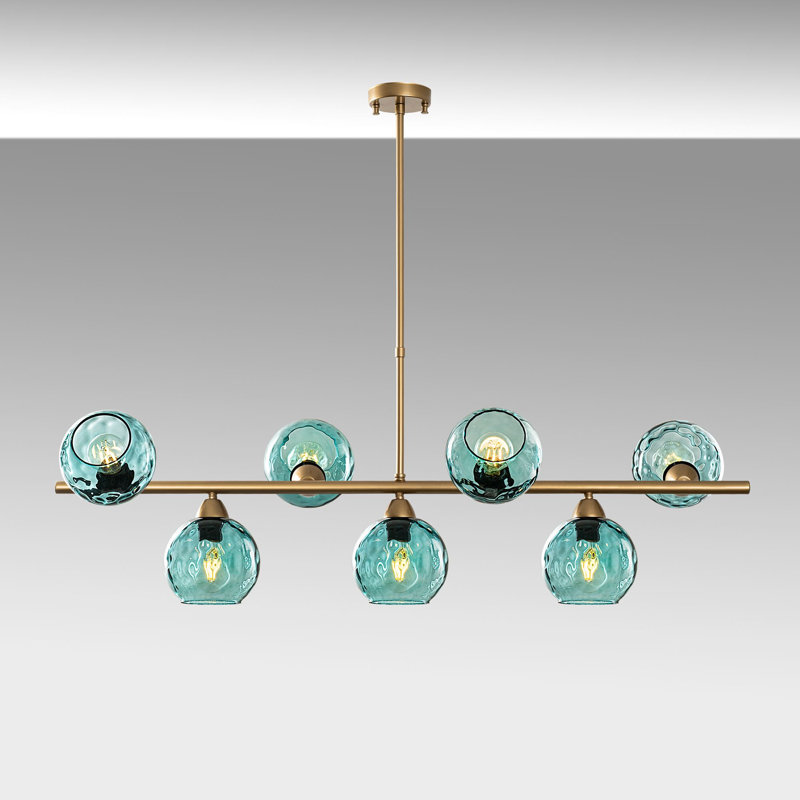 Elegant Blue and Gold Chandelier, Metal Body, 43.3 x 15.7 x 33.1 inches | 7 x E27 Sockets (Max 40W, Bulbs Not Included) | Stylish Lighting Fixture for Dining Room, Living Room, and Entryway, IP20 Rated
