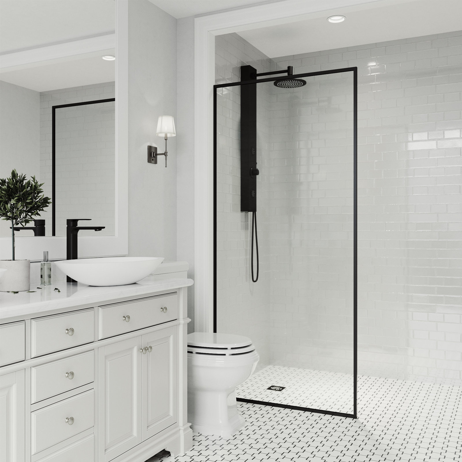 Meridian 34" W x 74" H Fixed Framed Shower Screen with 3/8" Glass, Matte Black Clear