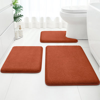  Ensemble de 3 tapis de salle de bain améliorés, tapis de bain en mousse viscoélastique ultra douce, tapis de bain en U lavable super absorbant et antidérapant (orange brûlé, 17 po x 24 po + 20 po x 32 po + en forme de U 20 po x 24 po)