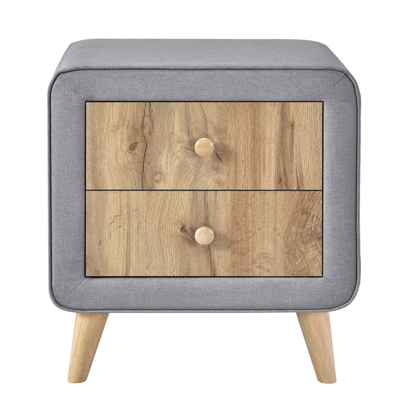 Table de chevet rembourrée en bois avec 2 tiroirs, table de chevet avec pieds en bois d'hévéa, Gris