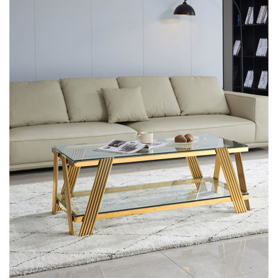 24.85 In. Wide Modern Coffee Table, Tempered Glass, Stainless Steel For Office 48.51 Deep Rectangle Double-layer Steel, Style Living Room