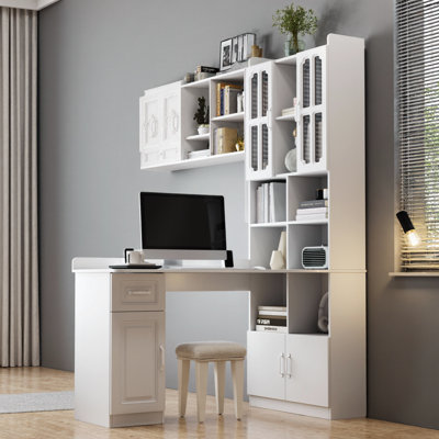 55" White L-Desk + Hutch – 4 Cabinets, Drawer, Open Shelves, 77" Height, 2-in-1 Corner Design, 132 lb, Home-Office Command Center