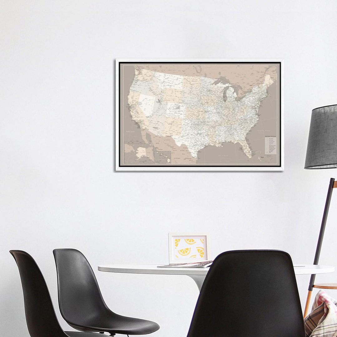 Highly Detailed Map Of The Us With Roads In Brown by Blursbyai - Galerie Giclée auf Leinwand