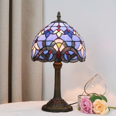 14''H Tiffany Style Table Lamp Resin Base And Stained Glass Table Lamp