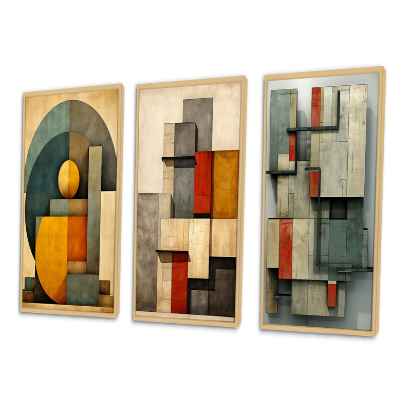 «Full Moon Celebratration Vintage Abstract», 3 pièces sur toile, Cadre naturel flottant, H 40 po x l 60 po