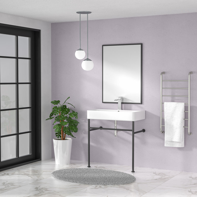 32"L*17"W White Ceramic Rectangular Single Faucet Hole Console Bathroom Sink with Overflow, White/Black