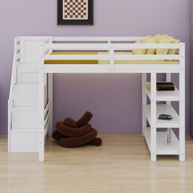 Lit mezzanine avec tablettes, petite armoire