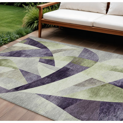 Tapis d'extérieur lavable abstrait 8 pi x 10 pi mauve et vert olive