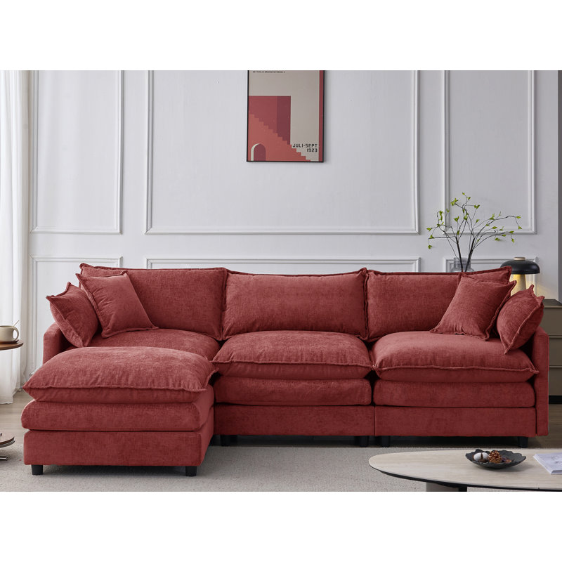 Canapé modulaire en chenille 4 pièces avec repose-pieds 4 pièces, Rouge
