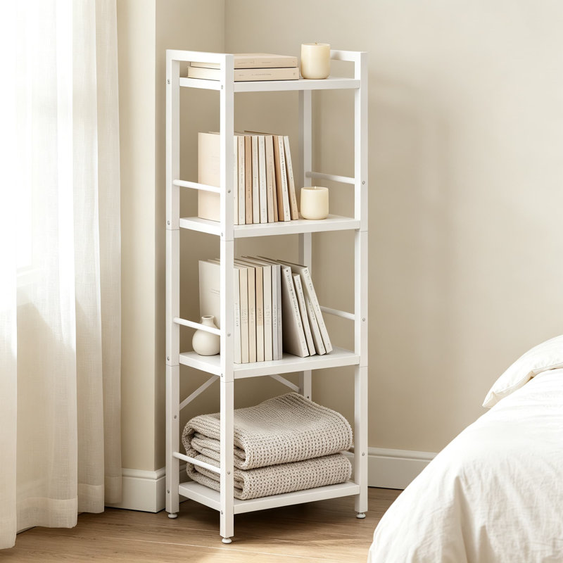 Bibliothèque avec rails latéraux, bibliothèque à 4 niveaux pour petits espaces, structure en métal robuste et tablettes en bois, rangement étroit pour le salon, la chambre à coucher, le bureau