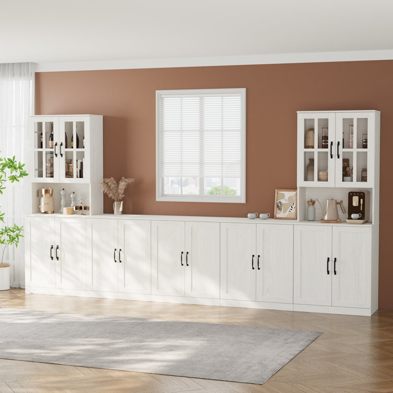 Garde-manger 71 po avec bibliothèques, meuble télé de ferme de 118,11 po de large pour téléviseur de 75 po ou moins, Blanc