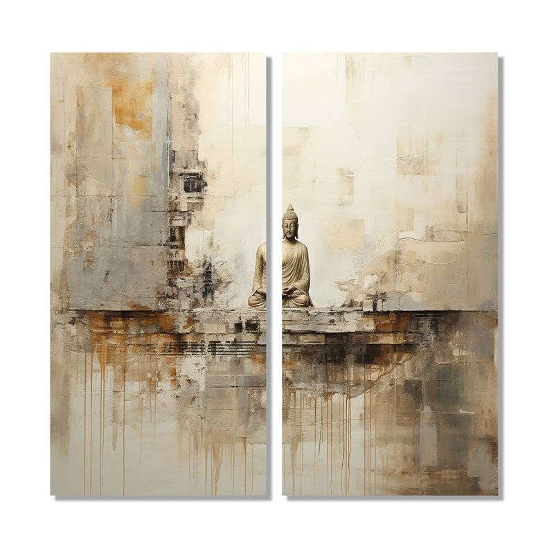 Statue de bouddhisme religieuse II - décoration murale beige 2 panneaux, H 20 po x l 24 po, Toile tendue, Ne s’applique pas
