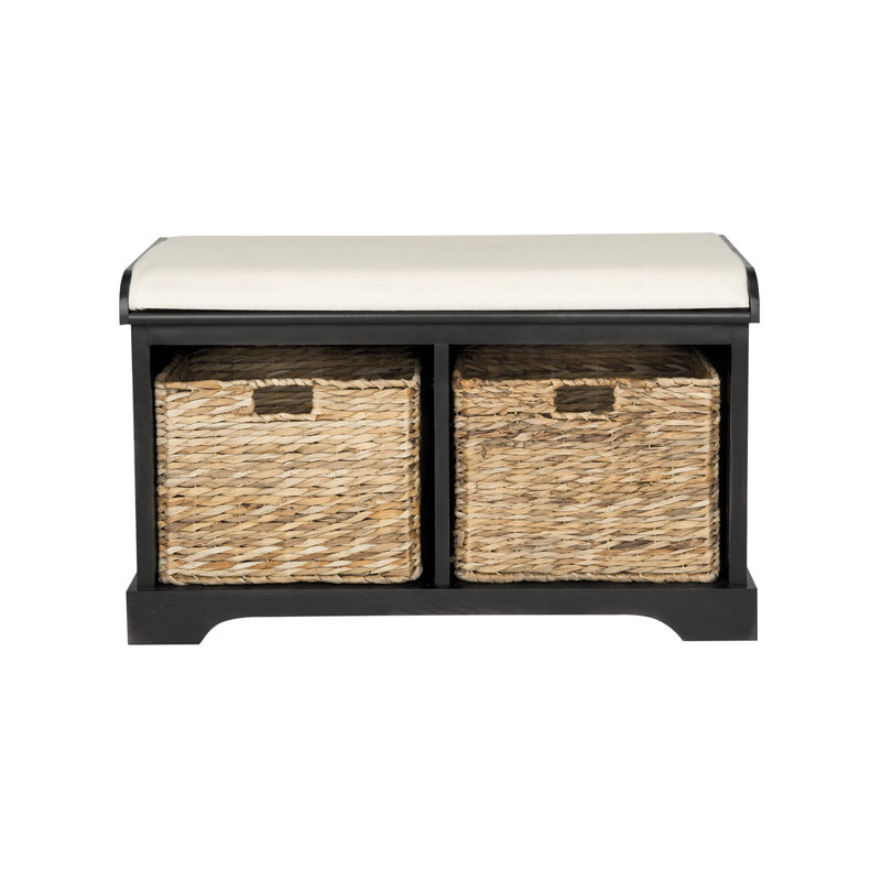 Banc de rangement rembourré en similicuir avec 2 paniers tissés en rotin - Banc avec cadre en bois pour n'importe quelle pièce