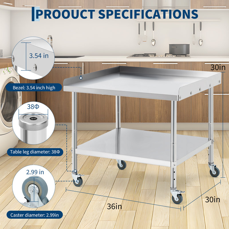 Table de préparation 28 po x 24 po en acier inoxydable avec pare-éclaboussures et roues verrouillables, chariot de poste de travail commercial pour barbecue de restaurant, cuisine et maison