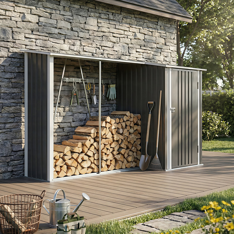 2-in-1 Outdoor Metal Storage Shed with Open Firewood Storage Nook