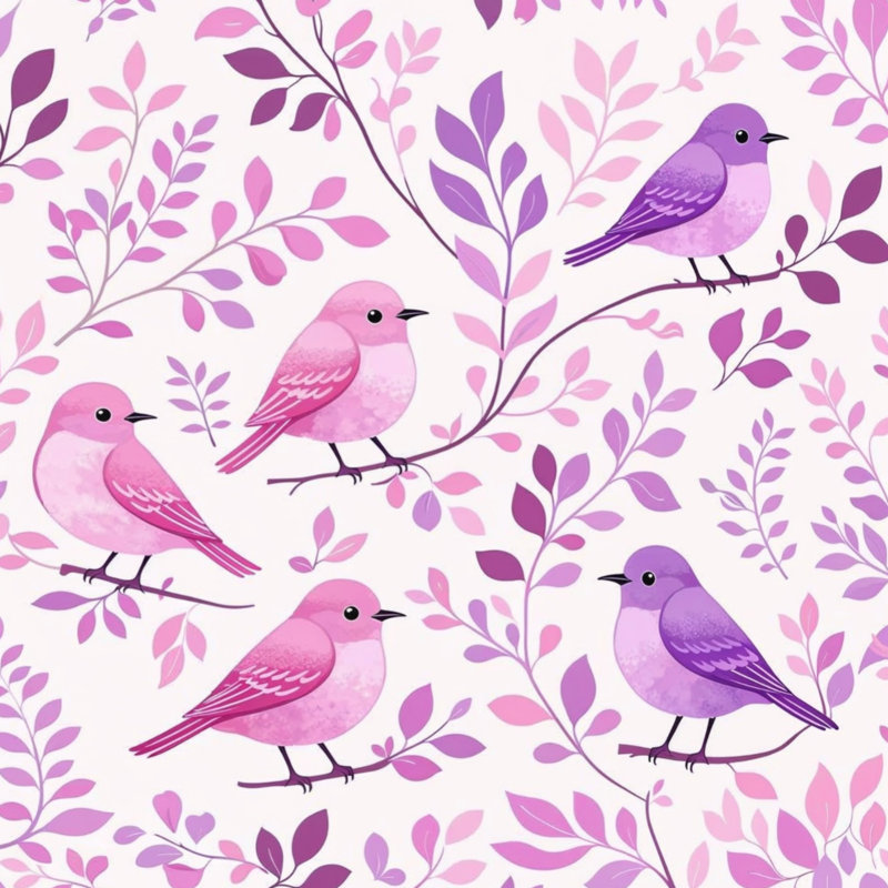Couvre-lit fin matelassé à motif d'oiseaux sur des branches, Double, Rose clair / mauve moyen