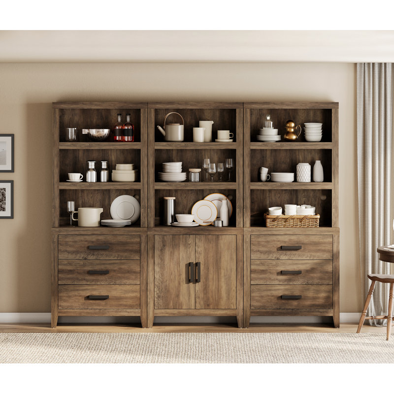 74" Tall Bookshelf With Doors And Drawers, Wooden Bookshelf With Open Storage Shelf, Farmhouse Bookcase For Living Room, Home Office,Library, Brown
