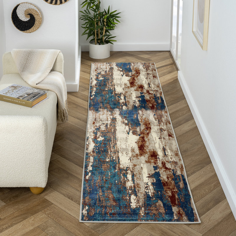 Tapis bleu / beige semiha, Tapis de couloir de 2 pi x 7 pi