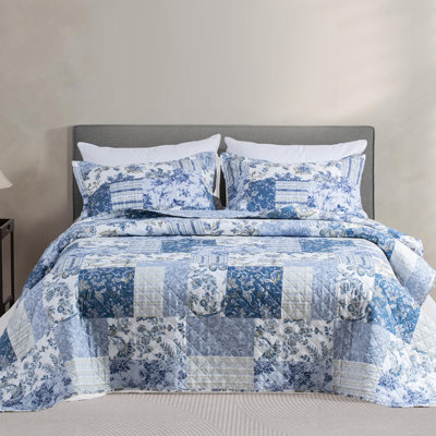 Kasentex Quilt Set - Lightweight Breadspread Coverlet Sets - All Season Bedding - Soft Light Summer Comforter, Blue Floral