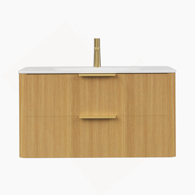 Meuble-lavabo de 36 po avec lavabo, armoire de rangement flottante en contreplaqué ultra-rayé avec tiroirs, lavabo intégré en pierre frittée blanc de Carrare, pré-assemblé, couleur noyer d'Italie