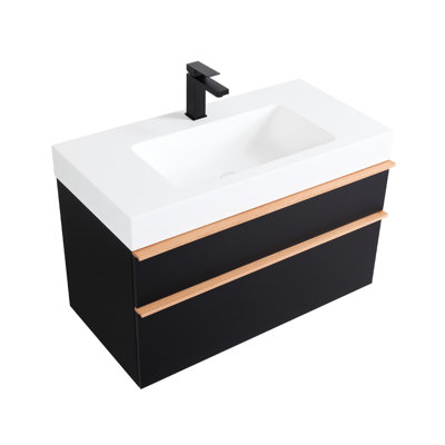 Armoire de salle de bain murale noire de 36 pouces avec lavabo en acrylique intégré, 2 tiroirs à fermeture en douceur, pré-assemblé, meuble-lavabo flottant moderne, poignées bicolores, glissières de tiroir de meuble-lavabo à compartiments intégrés,