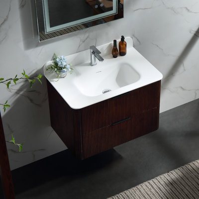 Meuble-lavabo flottant cannelé en noyer 30 po, coins arrondis, lavabo intégré en acrylique, pré-assemblé