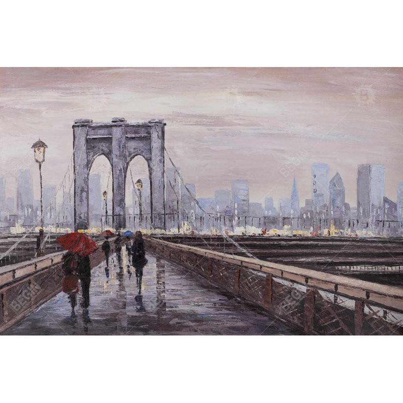 Brooklyn Bridge with Passersby - Black Canvas Home Decor