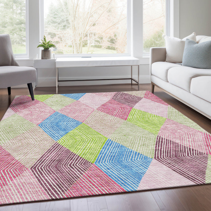 Tapis rose Prisco lavable à la machine de qualité supérieure, Rectangle 10 pi x 14 pi