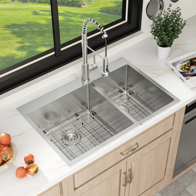 33" L x 22" W 60/40 Double Bowl Stainless Steel Drop-In Kitchen Sink