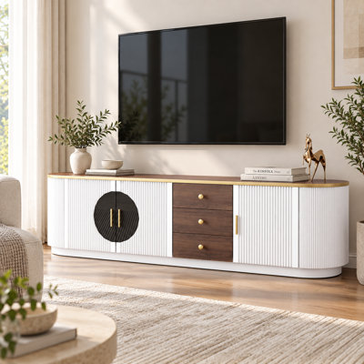 Meuble télé moderne et minimaliste de 71,51 pouces pour téléviseurs jusqu'à 80 pouces, avec 3 tiroirs, 2 placards et 1 tablette pour salon.