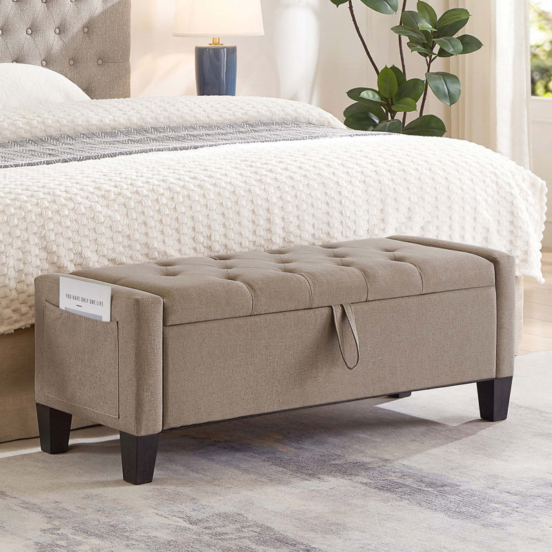 Linen Upholstered Ottoman Bench With Storage And Safety Hinge For Bedroom Living Room, Linen