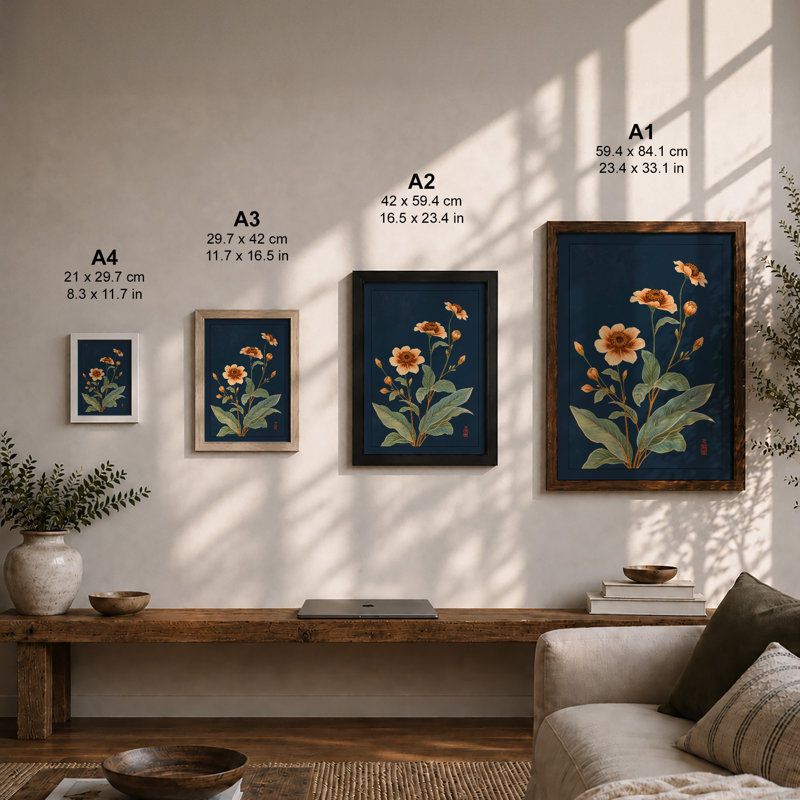 Golden Bloom Study Botanical - Framed Print, A3 - 42.0 x 29.7 cm, Unframed