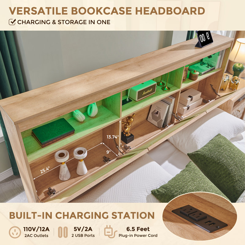 Bed Frame with Storage Headboard, LED Lights/Storage Headboard Charging Station, Modern 4-Drawers with Fluted King Size Wood Platform Bed Frame