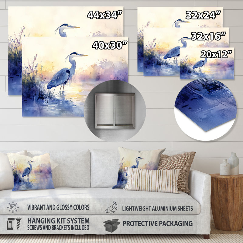 «Pink and Blue Heron At Dusk III - Heron», impression sur toile, H 24 po x l 32 po