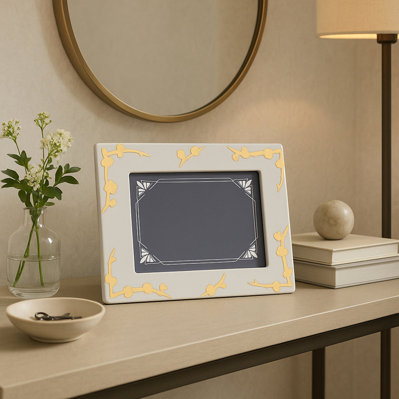 Cadre photo décoratif décoratif avec décoration florale - Cadre photo élégant pour décoration de hall d'entrée ou de bureau - Or et blanc