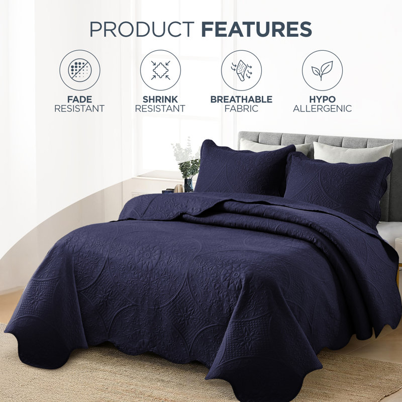 Elegant Floral Embossed Bedspread Set With Pillow Shams – Lightweight Quilted Bedding, Machine Washable, Navy