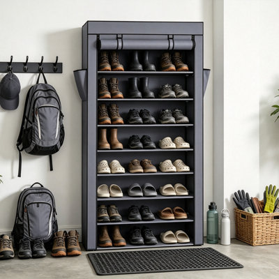 10‑Tier Shoe Storage Cabinet with Zipper Dust Cover, 34" x 11‑1/8" x 60‑7/8", Holds up to 45 Pairs, Free‑Standing Non‑Woven Fabric Shoe Rack Organizer for Entryway
