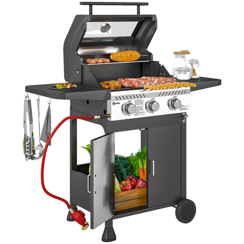 Outsunny 3 Burner Gas BBQ Trolley with See-through Lid, 7.5kW, Black