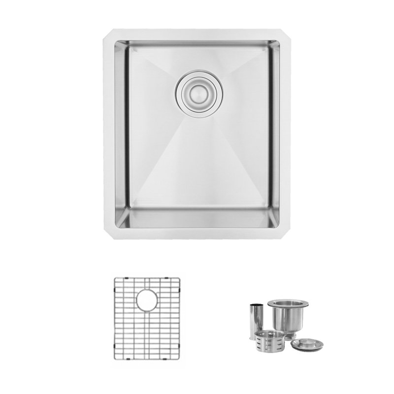 Stylish Undermount 16" Single Bowl Stainless Steel Kitchen Sink with Grid and Strainer, 16-Gauge