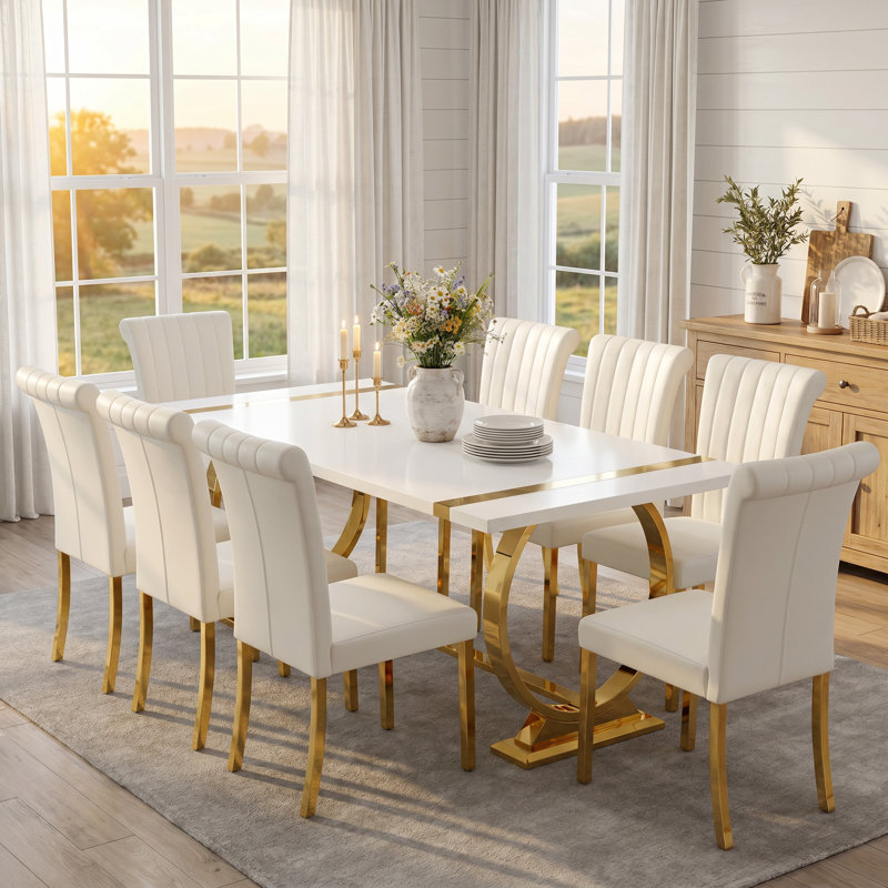 Solid Wood Top Dining Set, Set for 8, 1 White Table + 8 Black Chairs