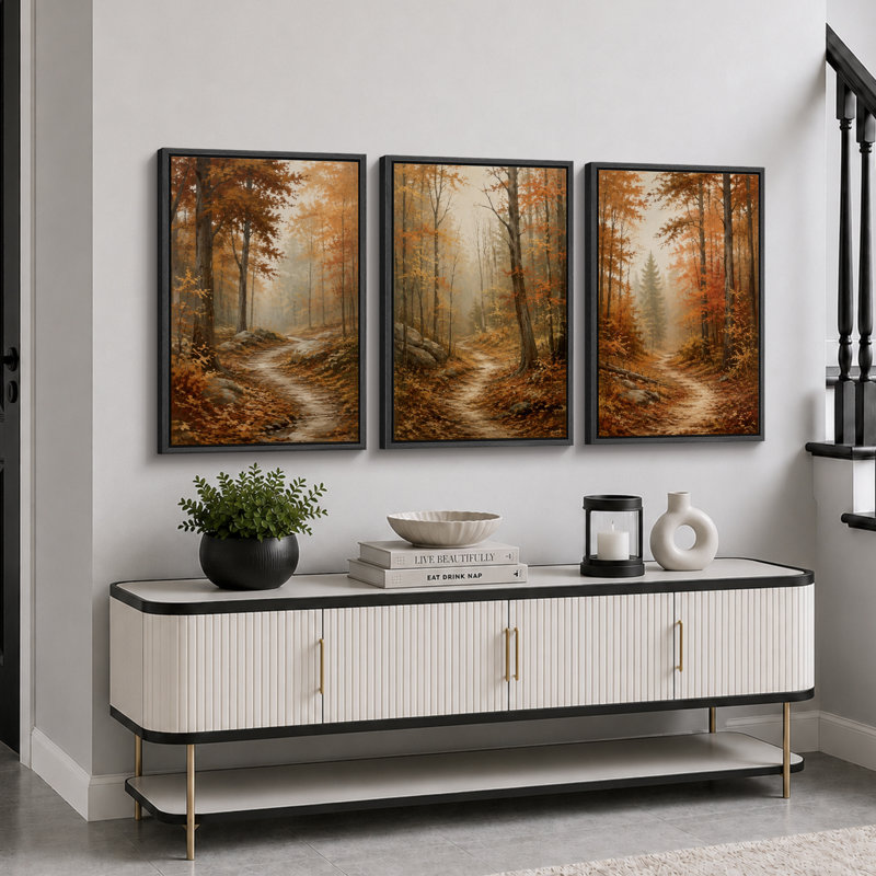 «Autumn Forest Path», art de paysage, photos de salon, impression sur toile encadrée, 3 pièces, 36" H x 72" W x 1.5" D