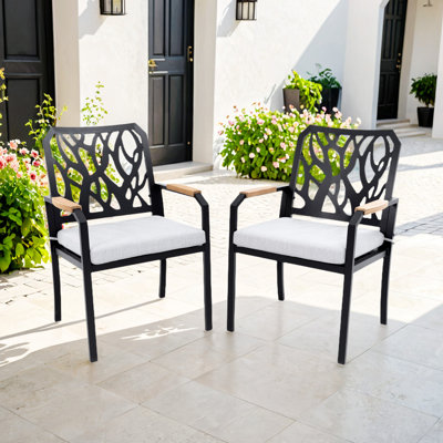 Chaises de salle à manger d'extérieur en aluminium 2 pièces avec coussins en tissu Sunbrella d'extérieur, accoudoirs en bois certifiés FSC