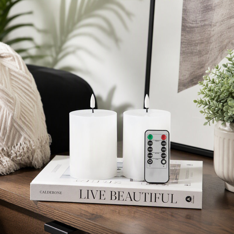 Set Of 2 White LED Candles With Wick And Remote Control Timer, 3X4"