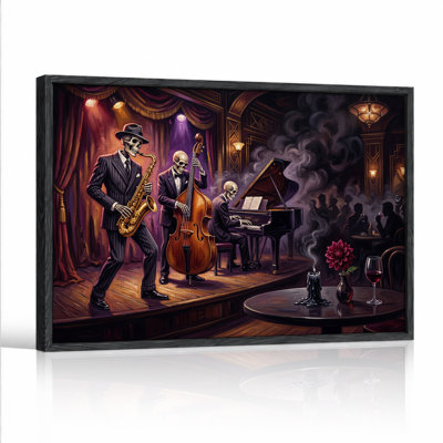 «Skeleton Jazz Trio Performing On Wood Stage» avec art mural d'Halloween sur toile